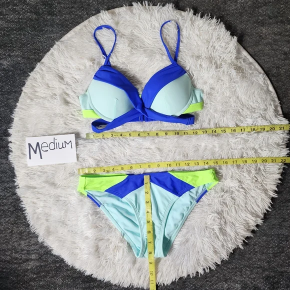 Green and Blue Colorblock Push-Up Cheeky Bikini Set - Picture 9 of 16